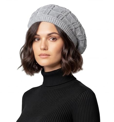 Basic Sense Cotton Crochet Beret for Women - Lightweight Slouchy Beanie for Hair Loss, Thinning & Scalp Sensitivity - Breathable Open Knit French Style Summer Hat, Triangle Grey