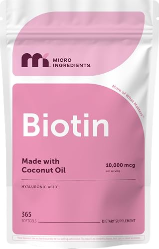 Micro Ingredients Biotin 10,000 mcg with Hyaluronic Acid 25 mg Per Serving | Made with Coconut Oil | 365 Softgels | 1 Per Day | One Year Supply | Non-GMO & Gluten Free