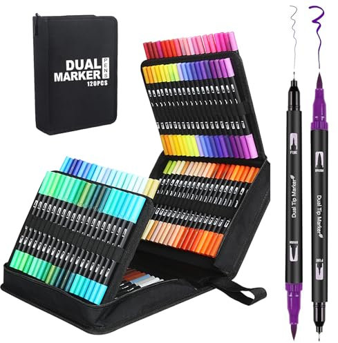 Dual Brush Pen Set, Filzstifte 120 Farben Pinselstifte Fineliner Marker Aquarell Farben für Bullet Journal, Malbücher, Handlettering, Manga Kalligraphie Stifte