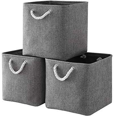 Mangata Cube Storage Boxes 25x25x25cm, Fabric Storage Basket for Cupboards, Shelves, Closet, Grey（Collapsible, 3 Pack）