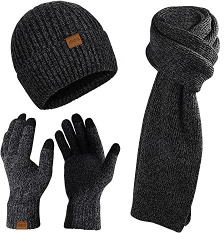AISHNA Ensemble bonnet, écharpe et gants pour écran tactile, gris, M