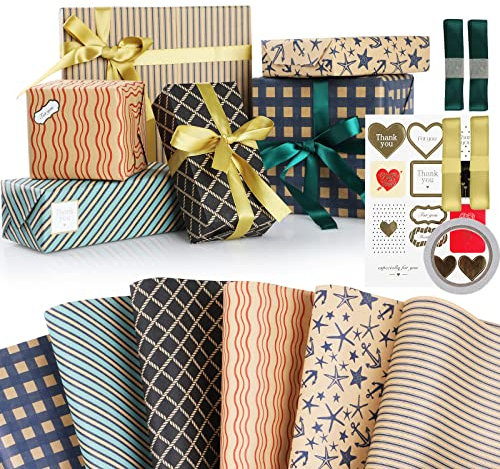 Hianjoo Geburtstag Geschenkpapier Set 6 Blatt, Gefaltet Geschenkpapier mit Geschenkanhänger und Bänder, Craftpapier Geschenkverpackung Papier für Hochzeit/Kindertag/Jubiläen, 70 x 50 CM