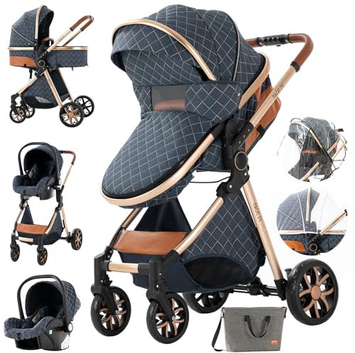 MoLi Kinderwagen 3 in 1, Kinderwagen mit Umkehrbarem Doppelschiebemodus, Buggy mit Großer Bequemer Babywanne, Kombikinderwagen 3 in 1 Rahmen Aluminiumlegierung Faltbar Hohe Landschaft (225 Blue)