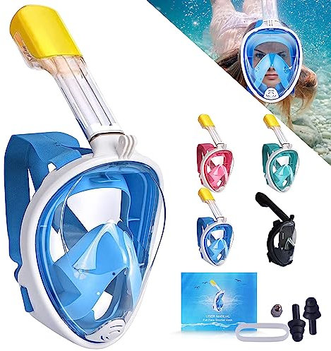 Máscara Snorkel, Gafas Buceo, Empresa Nacional, visión 180º, antivaho, Soporte Camara Deportiva Go Pro o Similar, Tubo respiración con Doble Canal de Aire. (L/XL, Azul)
