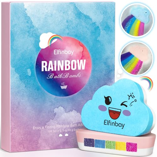 Elfinbay Bombe da bagno arcobaleno per bambini, palline da bagno per ragazze, 2 grandi bombe da bagno fatte a mano, regalo di compleanno per bambini e donne
