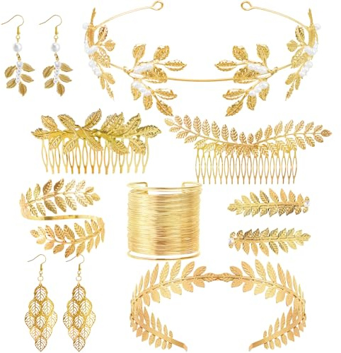 10 Pièces Déesse Grecque Costume, Parure de Bijoux Femme, Couronne de Laurier, Bracelet Manchette, Boucles d'Oreilles Perle, Pince à Cheveux， Peigne à Cheveux Latéral et Bracelet Bras pour Mariage