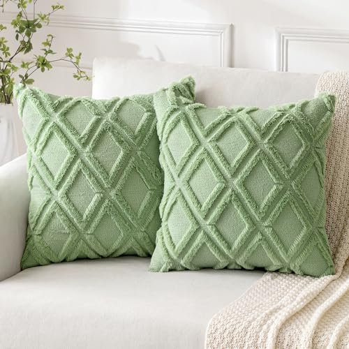 MIULEE 2er Set Kissenbezug Zierkissen Wolle Kissenbezüge Samt Fellkissen Boho Deko Kissen Flauschig Sofakissen Dekokissen für Sofa Schlafzimmer Wohnzimmer 45x45 cm Bohnengrün