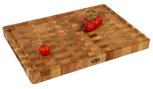 B4K® Schneidebrett aus Eiche Stirnholz 50 × 35 × 4 cm – Massiver Hackblock | Antibakterielles Hirnholzbrett mit Griffen, Saftrille & Silikonfüßen | Perfekt für Küche, Fleisch & BBQ