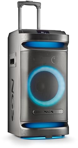 NGS Wild Space 1 bärbar högtalare kompatibel med Bluetooth och True Wireless Stereo, subwoofer + dubbel tweeter (Micro SD/USB/AUX IN/), hjul, svart färg