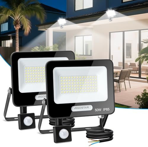 Aigostar- 50W Foco LED con Sensor Movimiento, Super Brillo Focos Exterior, 4600LM, Blanco Frío 6500K, IP65 Impermeable, Proyector LED Exterior, Perfectas para Jardín, Garaje, Patio, Paquete de 2