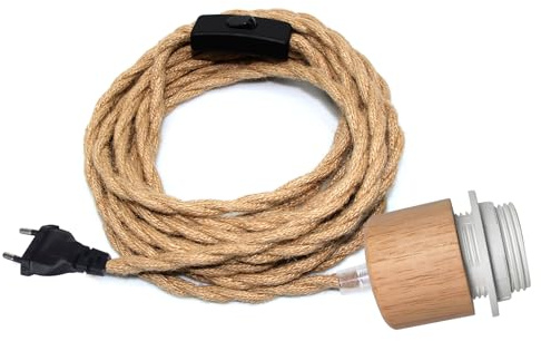 Portalampada E27 con Interruttore, 5M Lampada Corda di Canapa, Porta Lampada con Spina, Portalampada con Cavo e Presa, Corda per Lampada, Lampada a Sospensione in Canapa, Lampada da Terra Fai Da Te