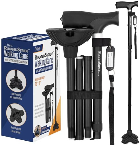 DMI Rugged Stride All-Terrain Adjustable Walking Canes for Women & Men, Sturdy Foldable Walking Stick for Stability, Quad Pivot Base, Compact, Free-Standing, Travel Friendly - Ergonomic Grip, Black
