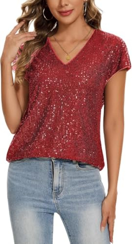 Kyzoeyou - Top da donna con paillettes, camicetta scintillante a manica corta con scollo a V, tunica con paillettes glitterata, top casual ampio per feste, R-red, S