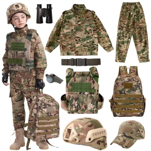 Ensemble d'équipement militaire tactique pour enfants pour jeux de rôle, uniforme de camouflage soldat avec gilet, sac à dos, casque et jumelles