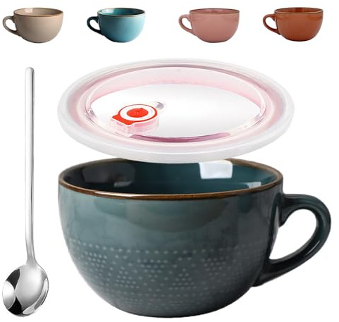 Grande Tasse à Café, Grande Tasse en Céramique de 700ml, Saladier, Bol à Céréales avec Poignée, bol à Muesli, bol à Soupe Extra Large, Avec Couvercle et Cuillère, pour les Flocons D'avoine et Yaourt