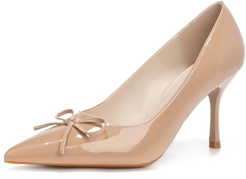 Mujer Elegante Cuero Patentado Punta Afilada Detalle de Lazo Tacones Stiletto Ajuste Ancho Zapatos de Tacón Alto Profesionales Zapatos de Corte Oficina Trabajo,Nude 7cm,35 EU