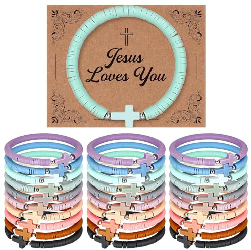 Landical 30 Set Cross Bracelets for Kids Girls Teens Women Religious First Communion Baptism Confirmation Jewelry Christian Catholic Jesus Faith Gifts Trendy Stuff Easter Basket Stuffers(Morandi)