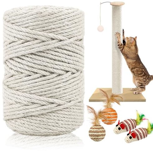 262 Ft Sisal Rope for Cat Scratcher Kits, 6mm Thick Rope for Cat Scratch Post, DIY Hemp Twine with Hot Glue Gun and 30 Glue Sticks (White)