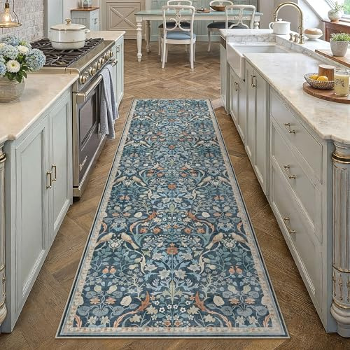 PureCozy Tappeto Corridoio 60x240cm Floreale Pelo Corto Antiscivolo Morbido Retro Lavabile Tappeti per Cucina Corridoio Piedi Del Letto Camera Da Letto Salotto Blu Marino Rug