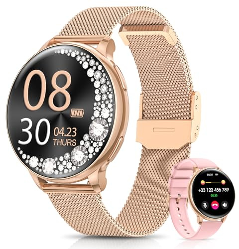 RUXINGX Smartwatch Damen, 1.27 Smart Watch Rund mit Telefonfunktion, 24H SpO2 Pulsuhr, Fitnessuhr mit Schlafmonitor, 126 Sportmodi Schrittzähler IP68 iOS Android, Geschenk Uhren Frauen (Roségold)