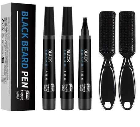 2Pcs Black Beard Pencil with Fork Tip & Brush, Beard Dye Pen for Men, Natural Filler for Sparse Areas & Gaps, Waterproof & Smudge-Proof, Mustache & Brow Enhancer