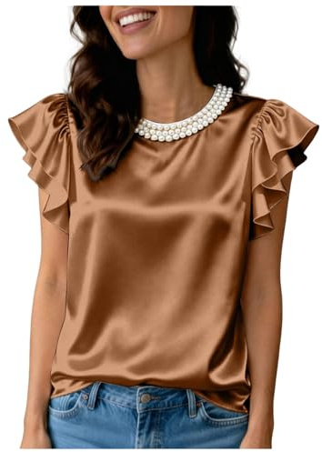 Camisa Satén Seda Mujer con Mangas Cuello en V Cuello Redondo Botones Color Sólido Verano Casual Elegante Vintage Oficina Trabajo Fiesta Playa Suelto Blusa Básica de Verano (S)