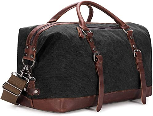 BAOSHA HB-14 Vintage Segeltuch Canvas PU Leder Unisex Handgepäck Reisetasche Sporttasche Weekender Tasche für Kurze Reise am Wochenend Urlaub Arbeitstasche 40 Liter Aktualisiert (Schwarz)