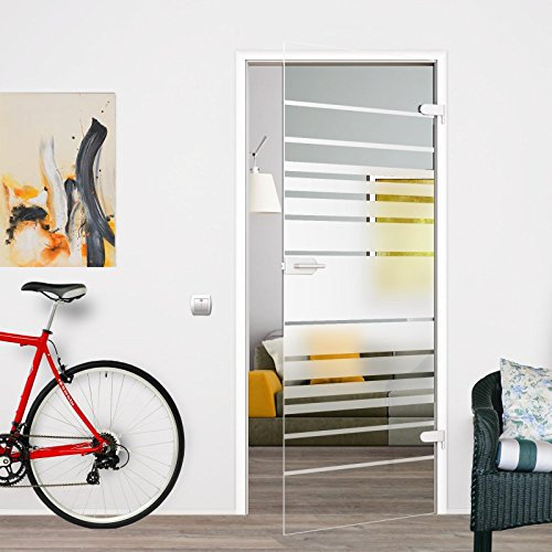 AMOD BM4-709R-BB: Glasdrehtür, ESG Glas 709x1972x8mm, DIN rechts, Siebdruck M4, mit Beschlag inkl. Schlosskasten BB Buntbart