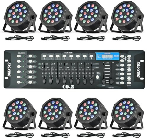 CO-Z LED Stage Lights DMX, 8 pcs 18x3W RGB Par Can Lights Package with DMX Controller Sound Activated Stage Effect Lighting for Party DJ Dance Church Wedding Home Uplighting