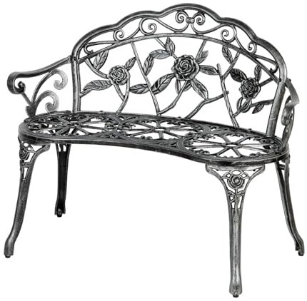 Home Source Cast Iron Garden Bench Metal Frame Patio Chair Outdoor Seating, Grey, 2 Seater