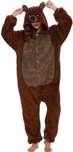 chuangminghangqi Pyjama Barboteuse Combinaison Animal Adulte Unisexe Costume Onesie Sleepwear Jumpsuit Vêtement Nuit Capuche Grenouillère Loungewear Chaud Douce Party Fête Soirée (Ours Brun,S)