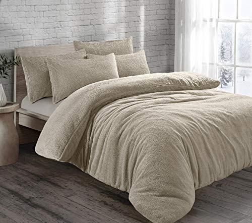 Brit House Teddy Bear Fur Sherpa Fleece Duvet Cover Set Pillowcases Bed Linen Super Soft Cosy Warm Winter Quilt Cover Bedding Set (Beige, King)