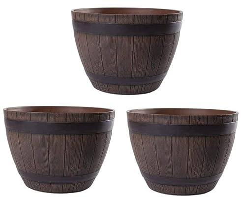 Jinfa 3 Pots de Fleur en Plastique extérieur Pots Imitation Bois | Couleur Châtaigne | Design Tonneau | Ø 38 cm