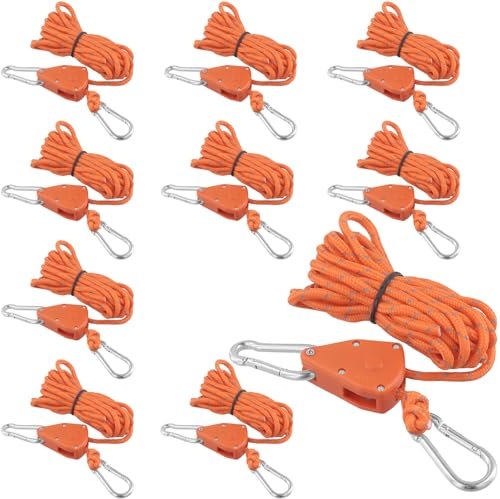 MUNGHOK 10 Stück 4m x 4mm Reflektierend Abspannseile mit Seilspanner, Nylon Seilratsche mit Haken, Seilaufhänger Abspannseile Camping, Verstellbare Seilratsche für Zelt Zeltplane Camping, Orange