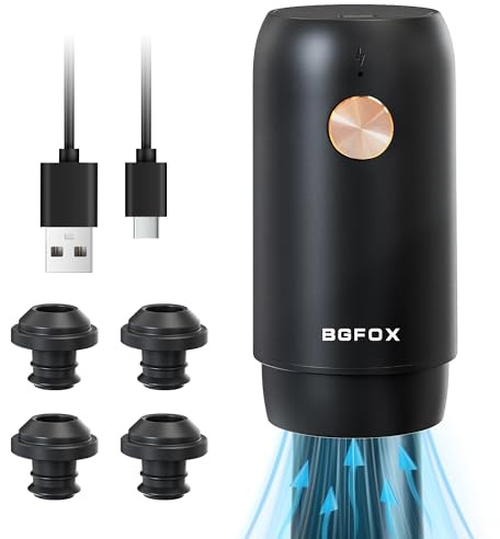 BGFOX Bomba eléctrica de ahorro de vino con 4 tapones de vacío reutilizables, tapón automático de botella de aire de vino, sellador de botellas recargable mantiene el vino fresco, regalos para los