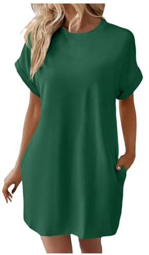2025 Vestido de camiseta suave para mujer, manga corta, informal, vestido de túnica de verano, suelto, suelto, con bolsillos, vestido de manga larga, primavera, verde, L