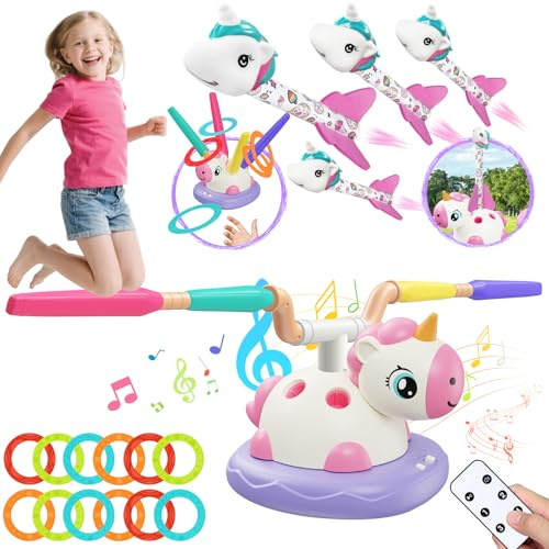 Fozcmisw Licorne Jeu d'Extérieur 3 en 1 pour Enfants - Jeu de Saut Musical, Lance-Fusée et Lancer d'Anneaux - Jouet d'Activité Physique Cadeau pour Fille Garçon 3 4 5 6 Ans