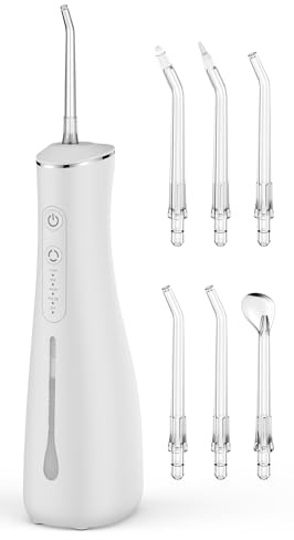 Jet Dentaire Hydropulseur électrique rechargeable sans fil 4 modes 300ML Réservoir d'eau IPX7 étanche pour les voyages et la maison (Off-White)