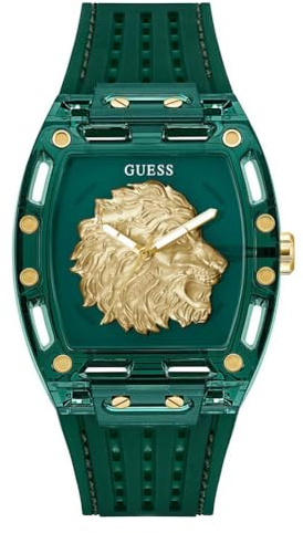 Guess Phoenix GW0959G2 Montre pour Homme avec Bracelet en Silicone Vert, Verre minéral, Cadran Vert, 5 Bars, diamètre du boîtier : 42 mm