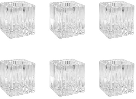 Lot de 6 bougeoirs carrés en Verre Transparent avec Surface rayée - 4 x 4 x 4 cm - Cereria Di Giorgio
