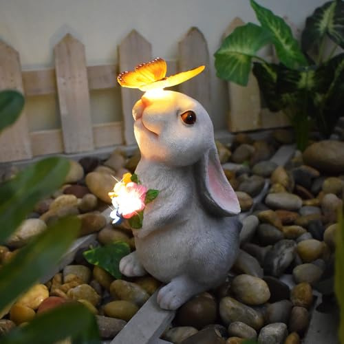 YZYOE LED solare coniglio farfalla fiore luce, atmosfera esterna lampada decorazione, carino resina coniglio e farfalla giardino paesaggio lampade.