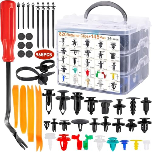 NCKIHRKK Rivetti Plastica Auto, 965 Pezzi Rivetti Plastica In Nylon Nero con Strumenti Rimozione Fissaggio e cuscinetti di spugna, Universali Rivetti in Plastica per Auto Carrozzeria Interni