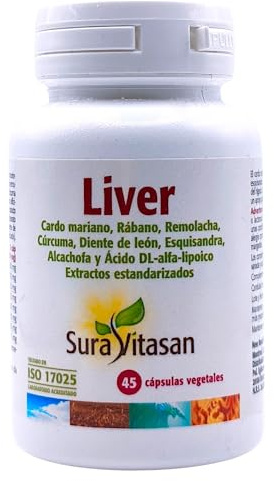 Sura Vitasan Liver 45 Cápsulas - Con Cardo Mariano, Alcachofa, Remolacha, Rábano Negro y Cúrcuma - Suplemento para Función Hepática
