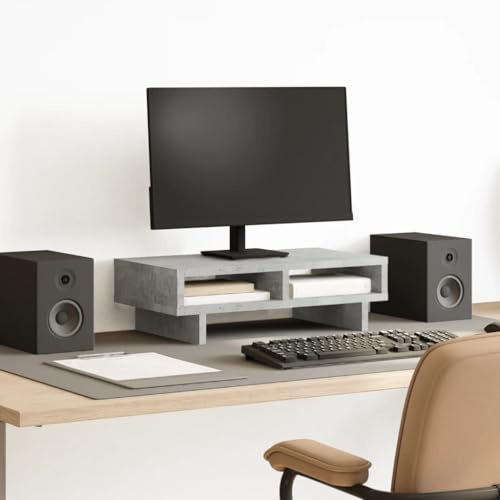 Kaloriko monitorställ betonggrått av trämaterial 50 x 27 x 15 cm med 2 fack för kontor och hemmakontor, stabil hylla för att öka skärmen för mer ergonomi och ordning vid skrivbordet