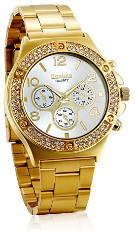 JewelryWe Men Women Bling Watches Gold Tone Stainless Steel Band Wrist Watch