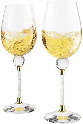 Rhinestone DIAMOND Studded Wine Glasses 16 Ounces - Set of 2 -Long Stem10-inches Tall, Gold and Laser Cut Sparkling Wine Wedding Glasses, Elegant Crystal - For Everyday, Weddings, Parties, Glassware