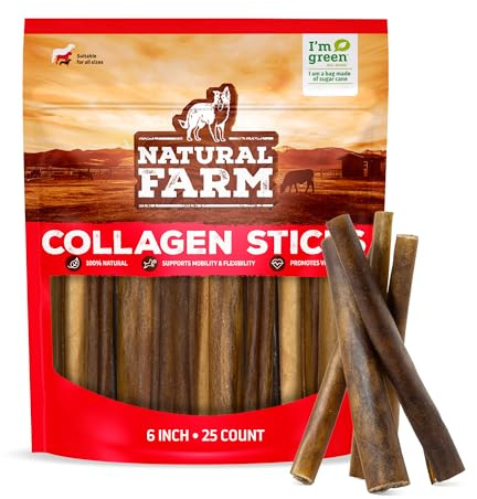 Natural Farm Collagen Sticks for Dogs (6 Inch, 25 Pack), Odor-Free Long Lasting Chews & Rawhide Alternative - 95% Collagen, Low Fat, High Protein - Best Dental Dog Treats - Medium & Large Dogs