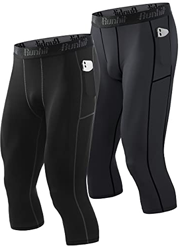 Runhit 3/4 Compression Pants Men with Pockets(2 Pack),Running Pants Tights Leggings for Men Workout Athletic Base Layer
