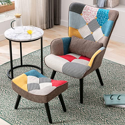 HomeMiYN Fauteuil Patchwork avec Repose Pied, Scandinave avec Support Lombaire, Tissu Lin, Fauteuil et Chaises pour Salon, Coin Lecture, Balcon, Capacité de Charge 150 kg, Marron