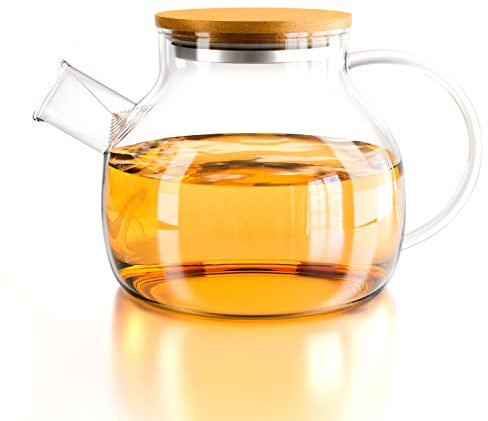 Yuning Tetera, Tetera de Cristal con tapa - Capacidad 1 litros -Hecha de Cristal Borosilicato Jarra Té helado Zumo Café - Botella Agua Fría o Caliente de Vidrio Apto para Frigorífico